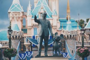 Disneyland on a budget. Walt Disney and Mickey Mouse in front of Cinderella's Castle