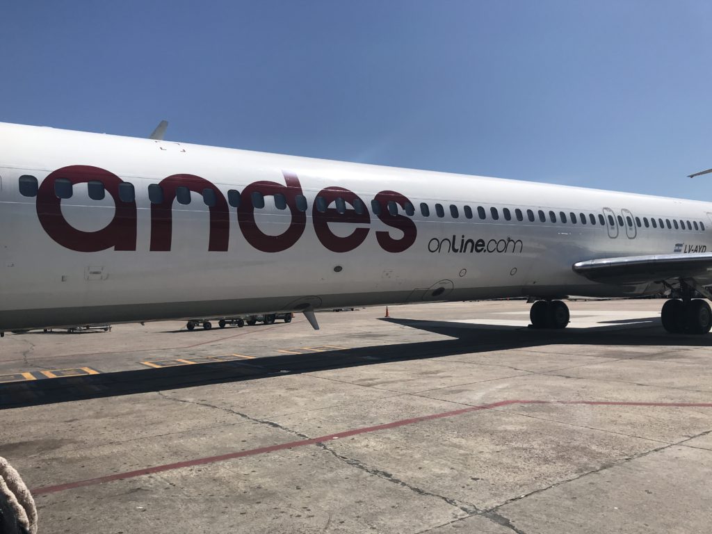 Andes Airline plane on tarmac at a Argentina airport.