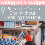 disneyland tips eating on a budget pin for pinterest with little boy grabbing a water bottle