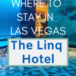 The linq hotel review pin for pinterest with blue spa in background