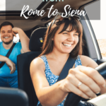Budget friendly day trips from Rome to Siena with image of male and female in a car