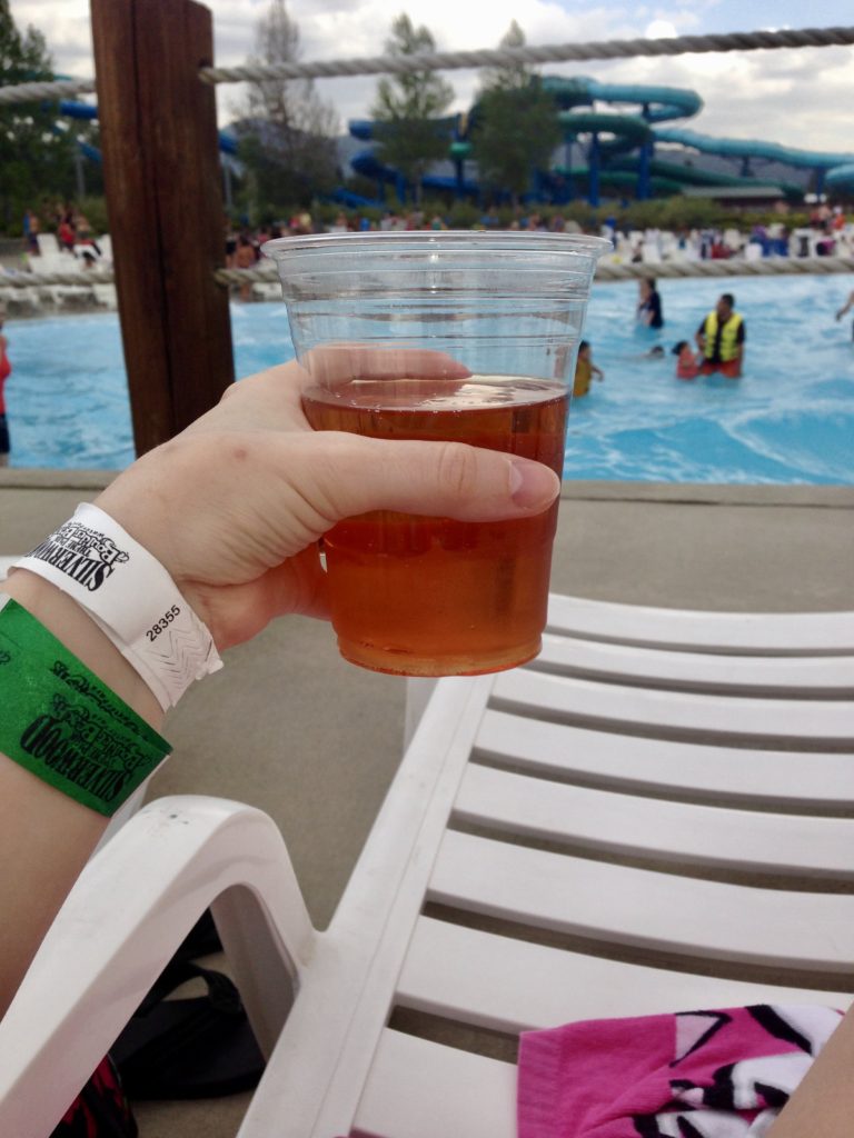 pint of beer with waterpark in background at silverwood