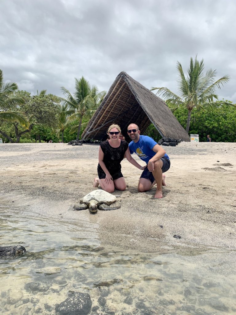 couple with a turtle on the Ai'opio beach in Kona on the Big Island, Hawaii