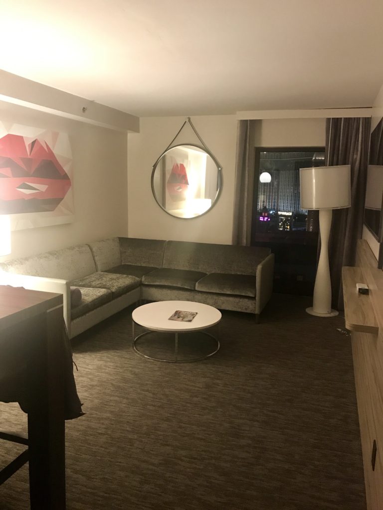 Living room in an upgraded suite at the Linq in Las Vegas.