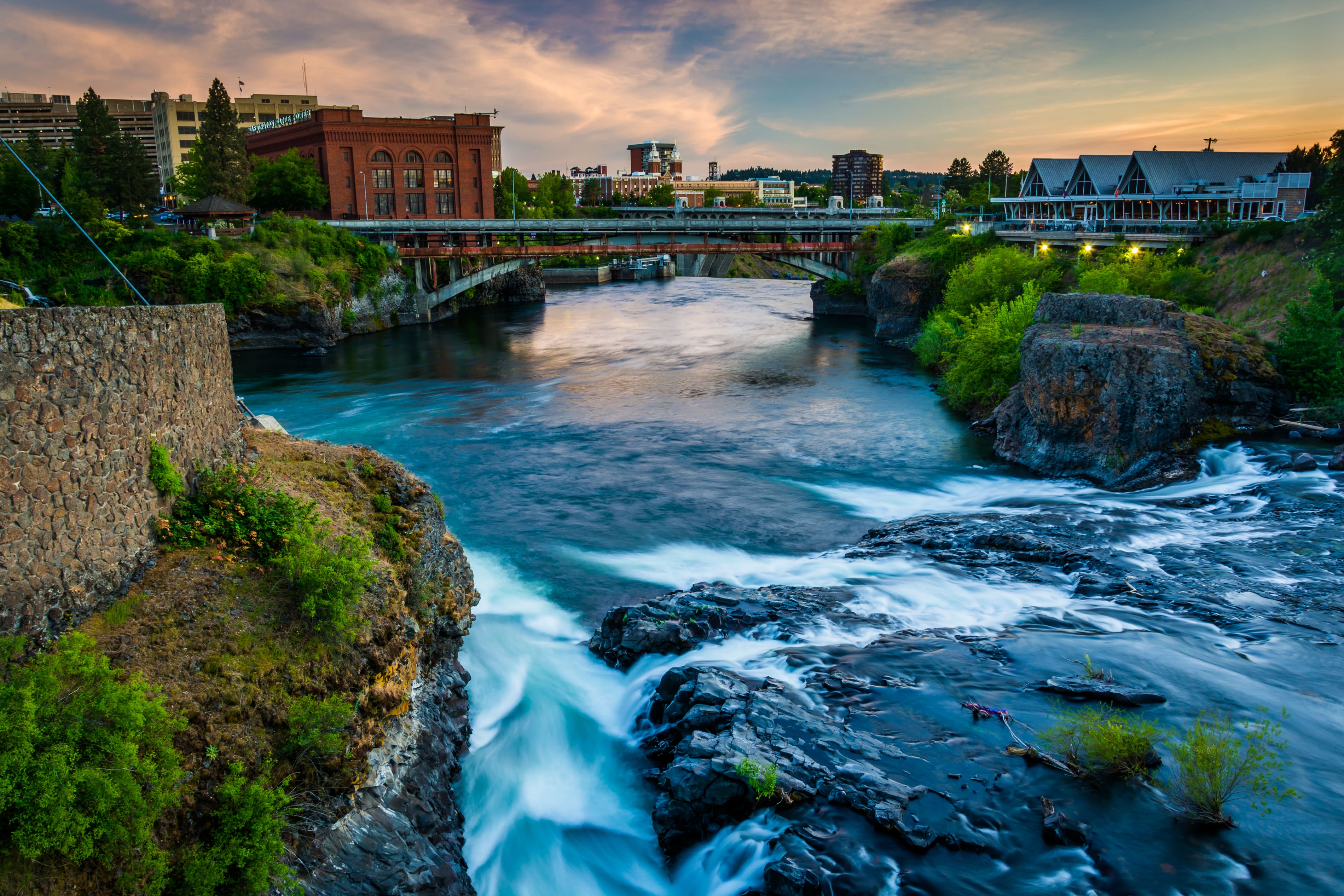 Spokane river and falls with bridge and buildings in background