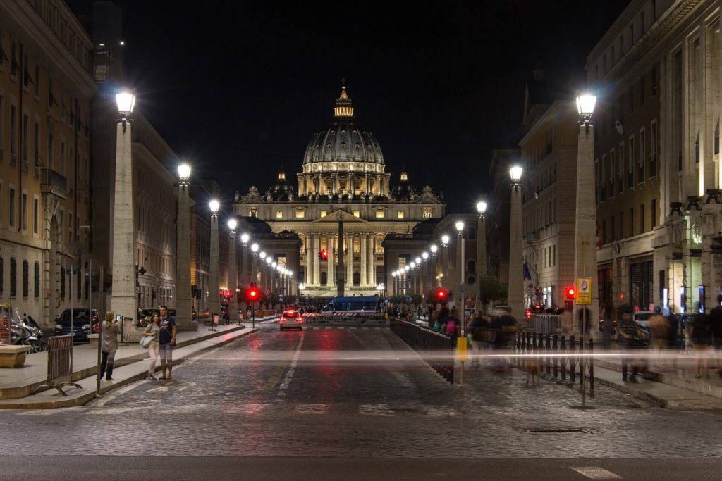 St. Peter's Basilica at the Vatican at night.