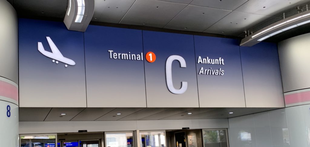 Sign for Terminal C arrivals at Frankfurt airport - where your 24 hours in Frankfurt will probably start.