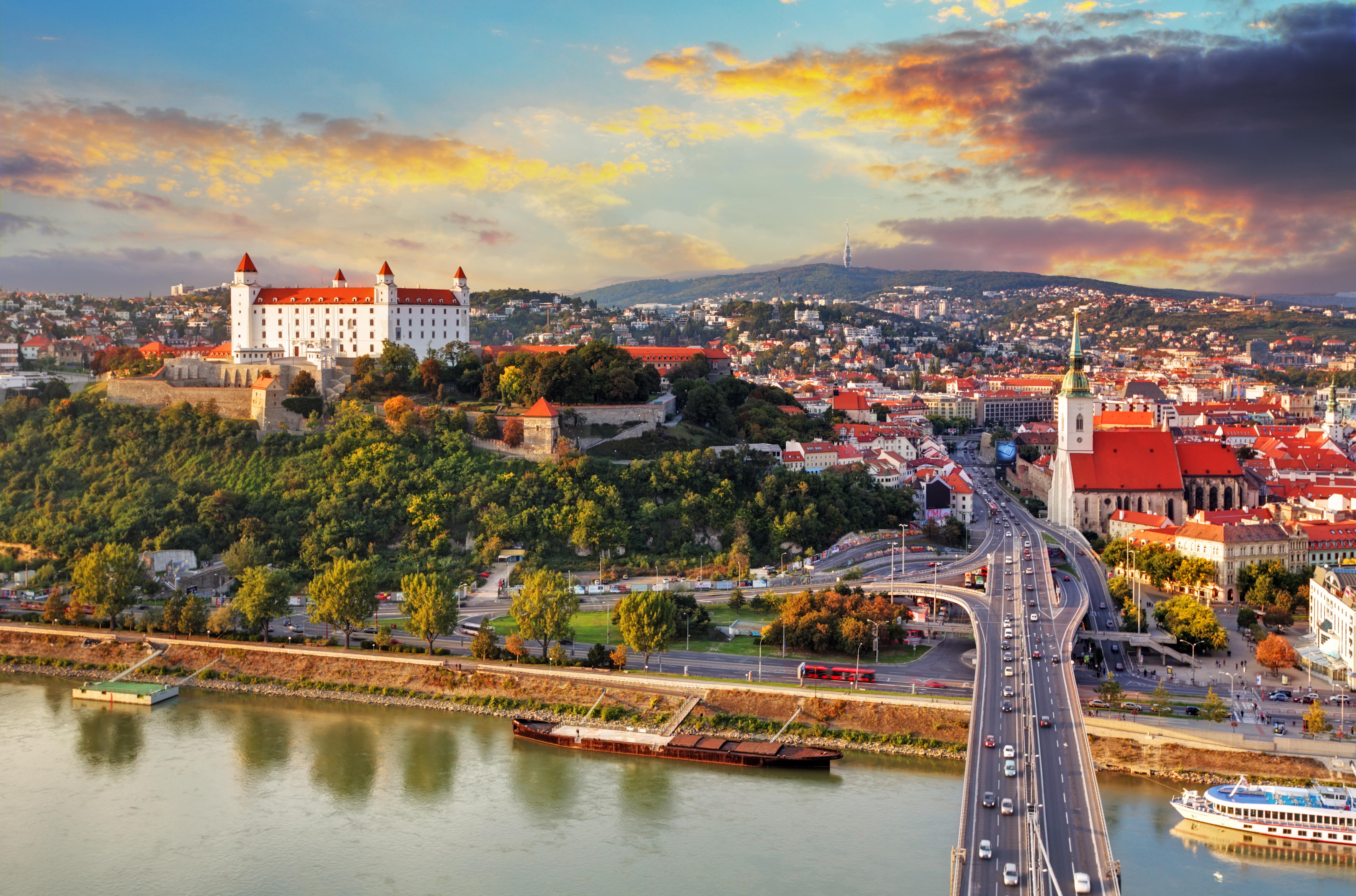 Aerial view of some of the Bratislava highlights with castle and river