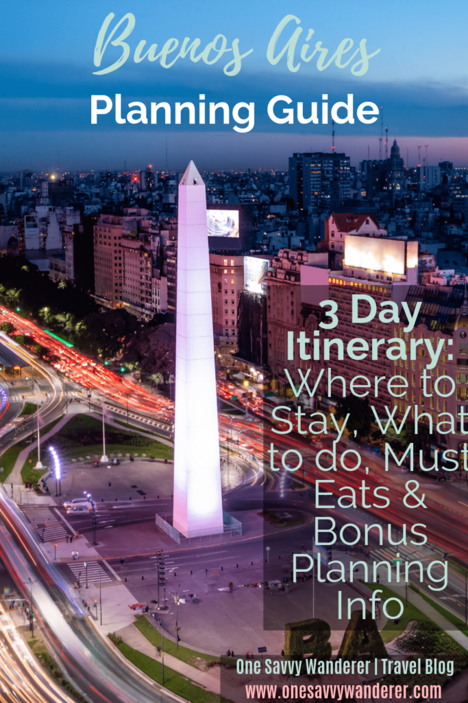 Buenos Aires 3 Day Itinerary pin for Pinterest with obelisk.