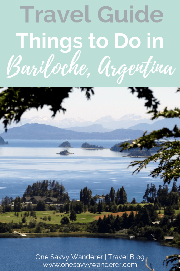 things to do in bariloche, argentina, pin for pinterest with lakes and mountains
