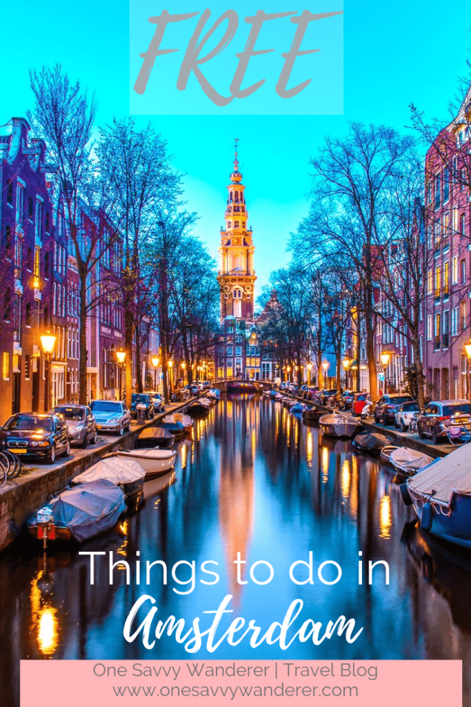 Free things to do in Amsterdam pin for PInterest with canal at night. 