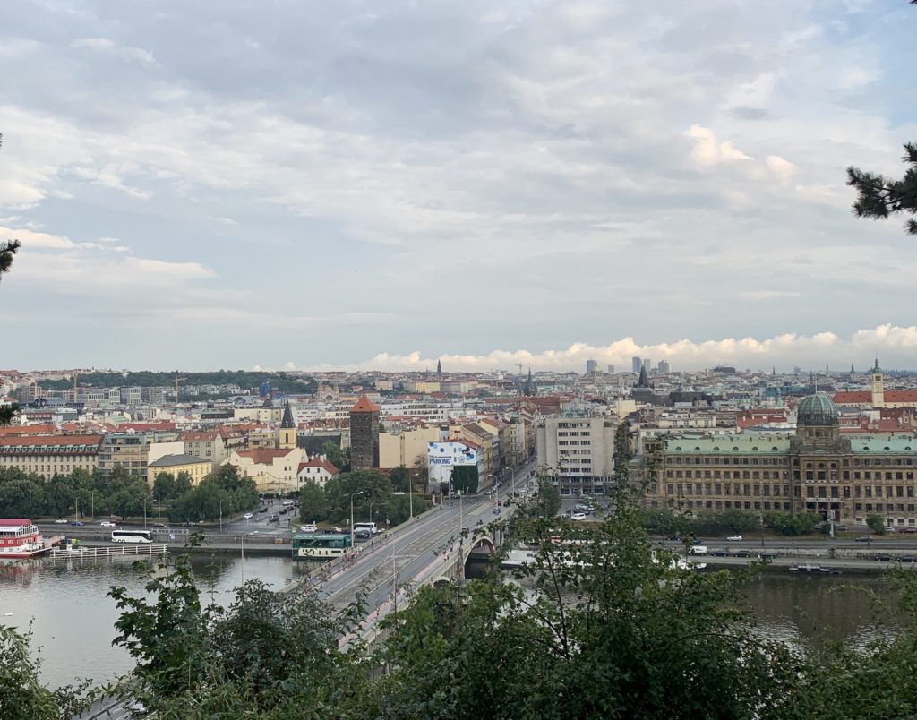 View of Prague and Vltava River from Letna Park. 