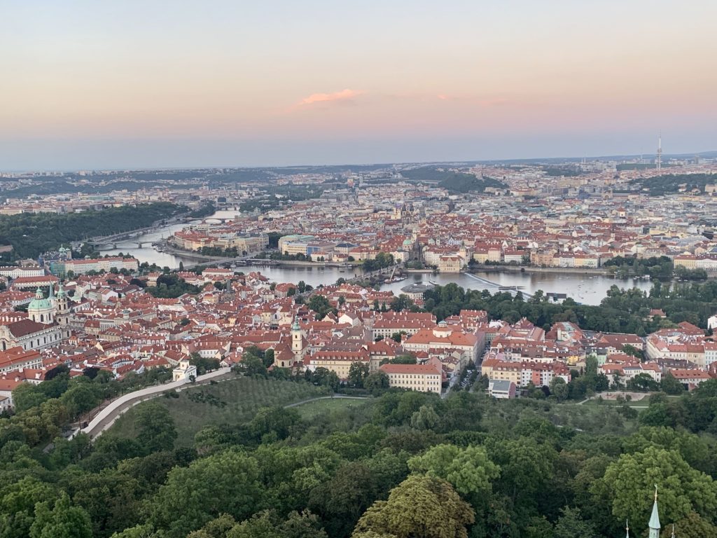 View of buildings in Prague and Vltava River from the Petrin Tower