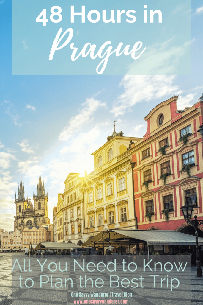 48 hours in Prague pin for Pinterest with image of Old Town Square