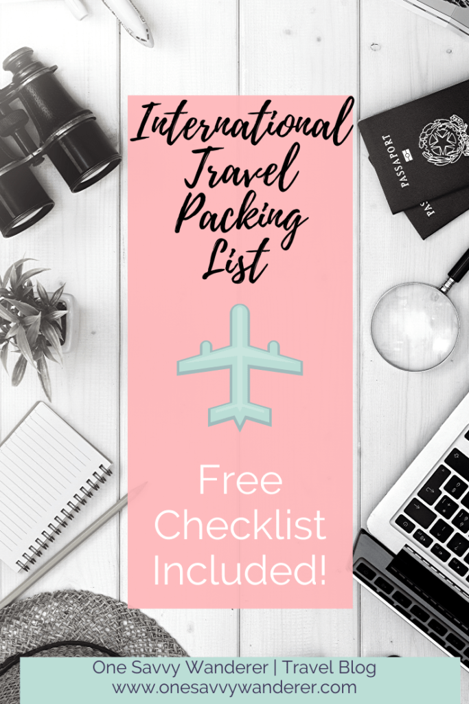 international travel packing list with free packing guide and checklist pin for PInterest.