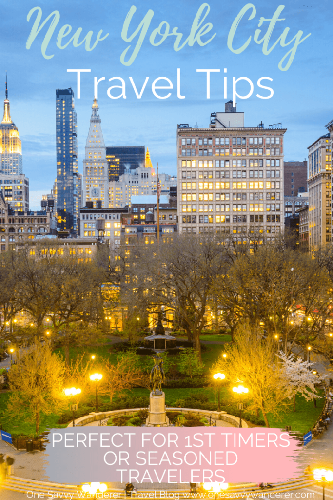 NYC Tips pin for pinterest with park and skyline in background at dusk