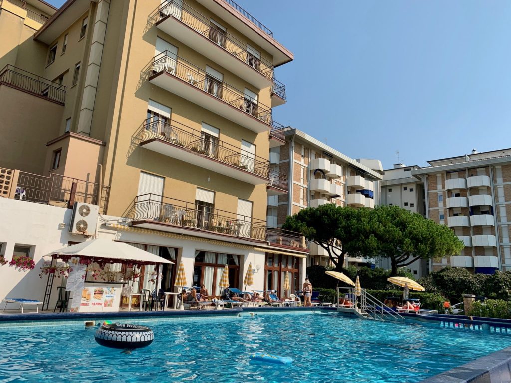 pool and hotel at the best beach near venice, Italy - Lido di Jesolo