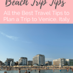 Lido di Jesolo beach trip tips pin with image of people in the ocean and hotels in the background